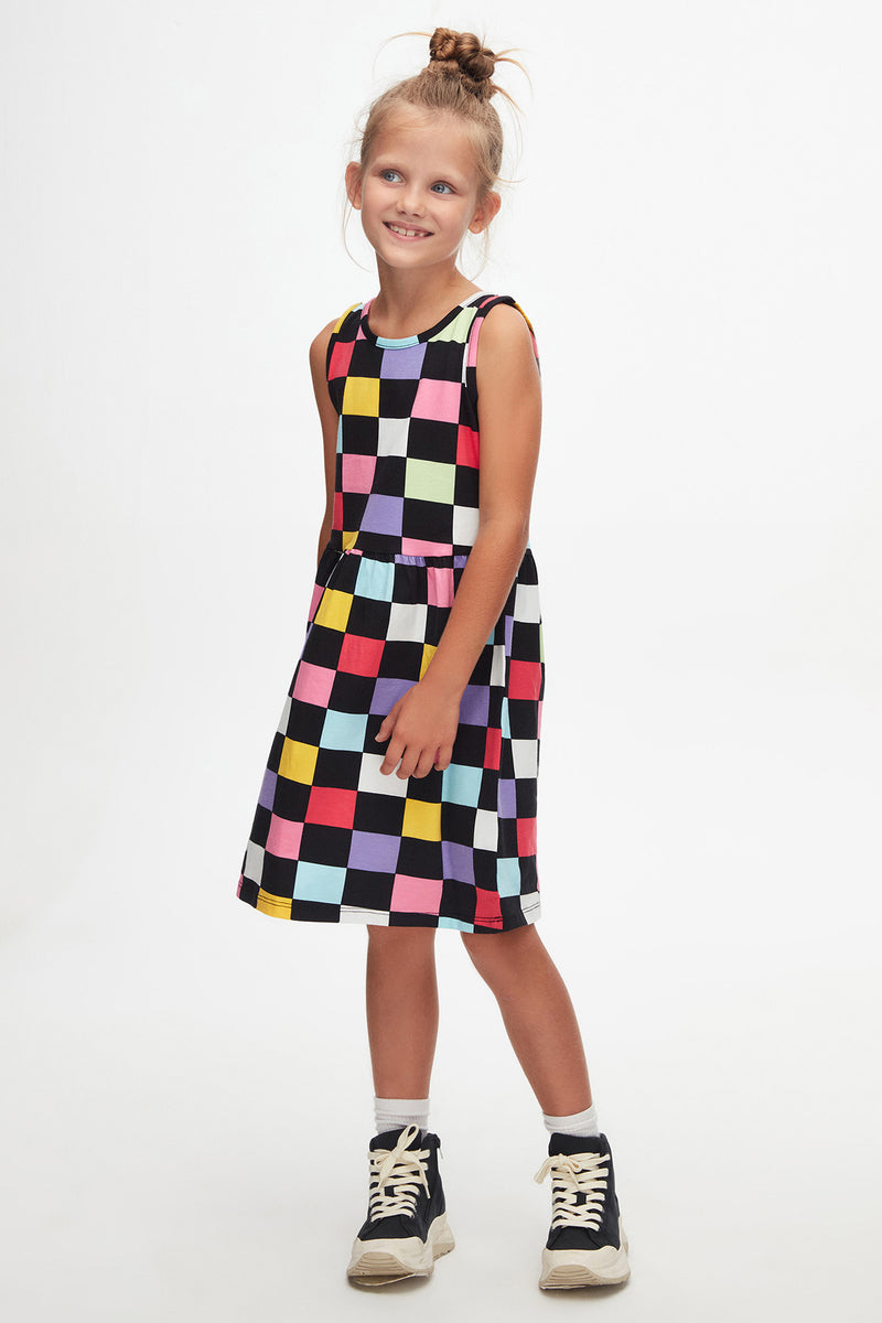Girls' Op Art Checkers Patterned Sleeveless Dress