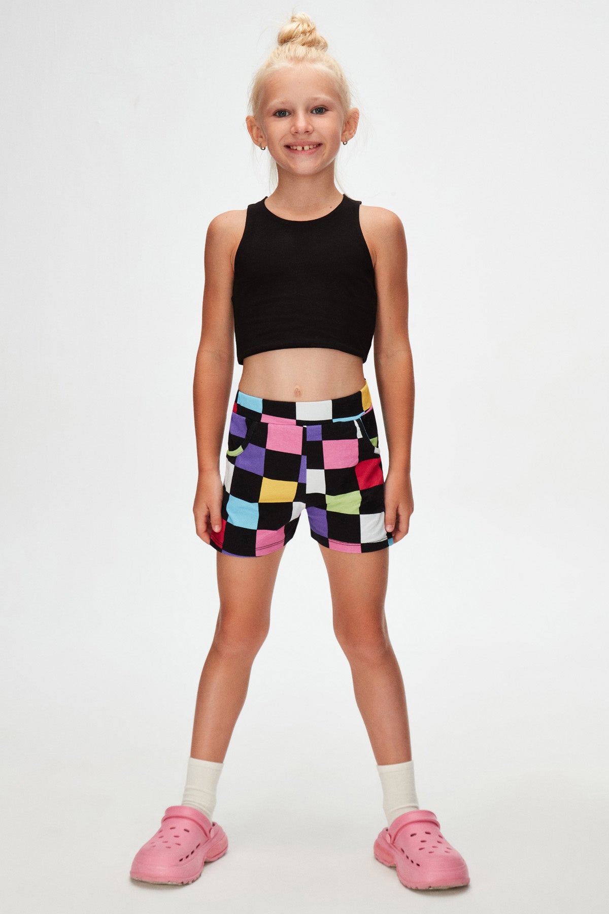Girls' Op Art Checkers Patterned Shorts with Pockets