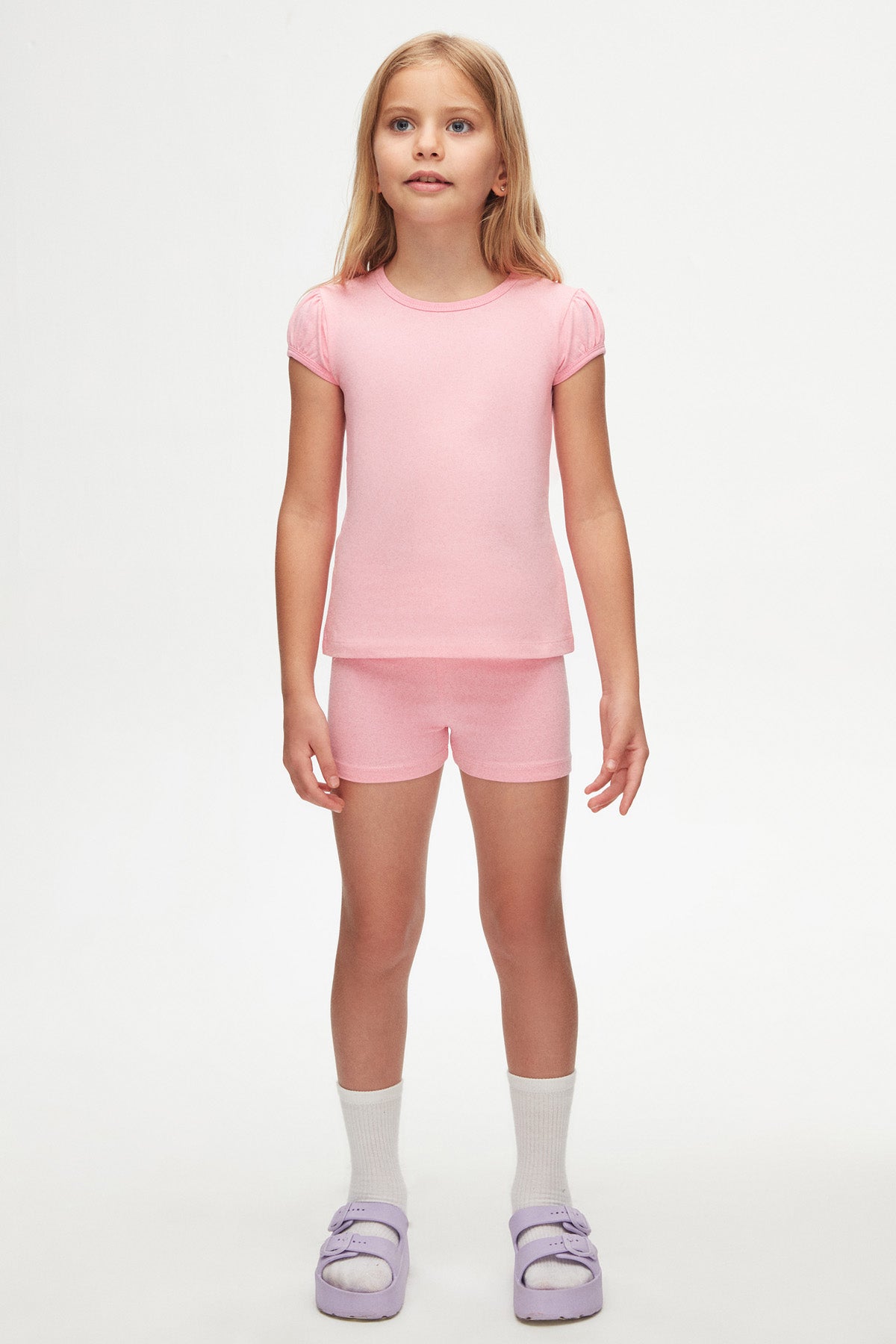Girls' Basic Crew Neck Puff Sleeve T-Shirt (PEONY PINK)