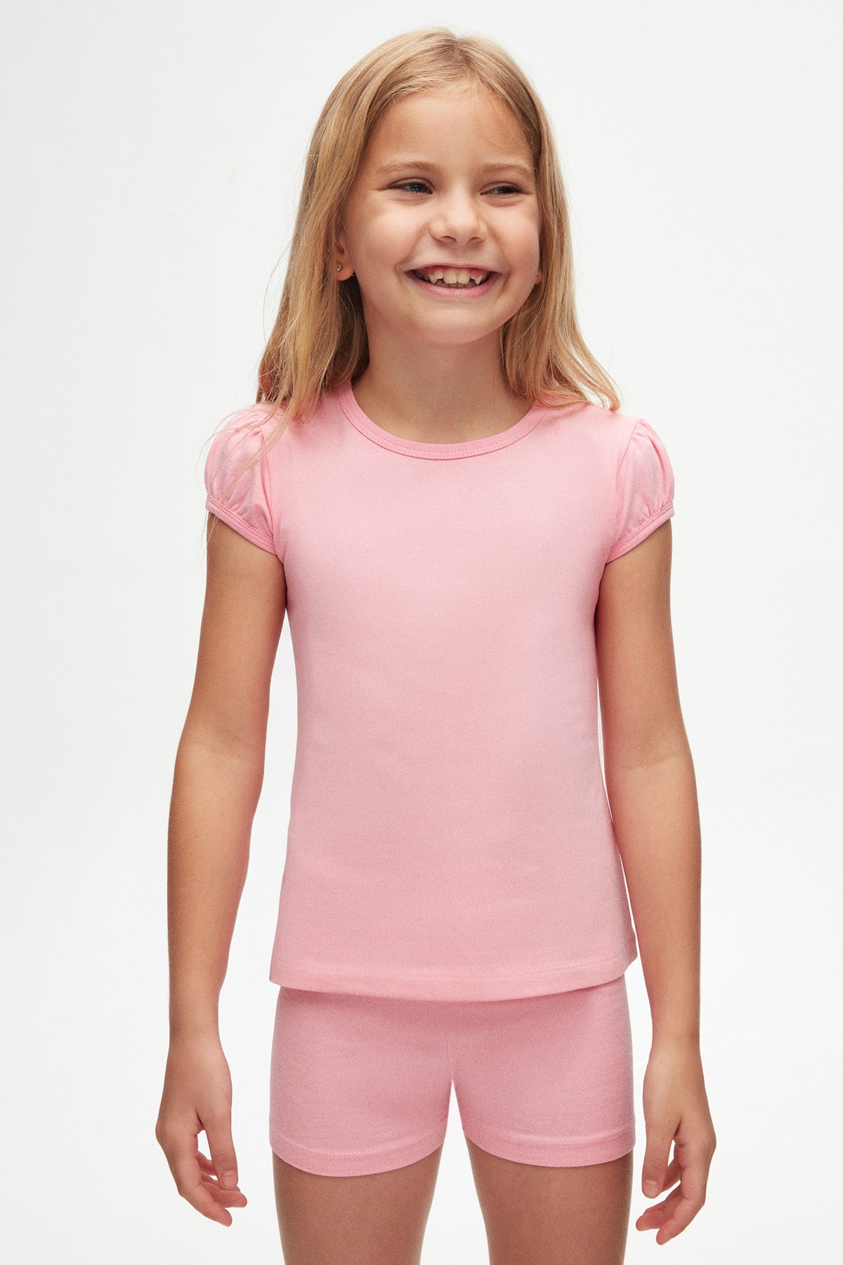 Girls' Basic Crew Neck Puff Sleeve T-Shirt (PEONY PINK)