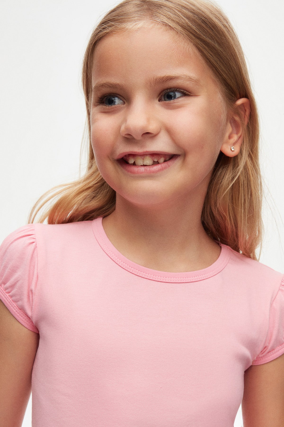 Girls' Basic Crew Neck Puff Sleeve T-Shirt (PEONY PINK)