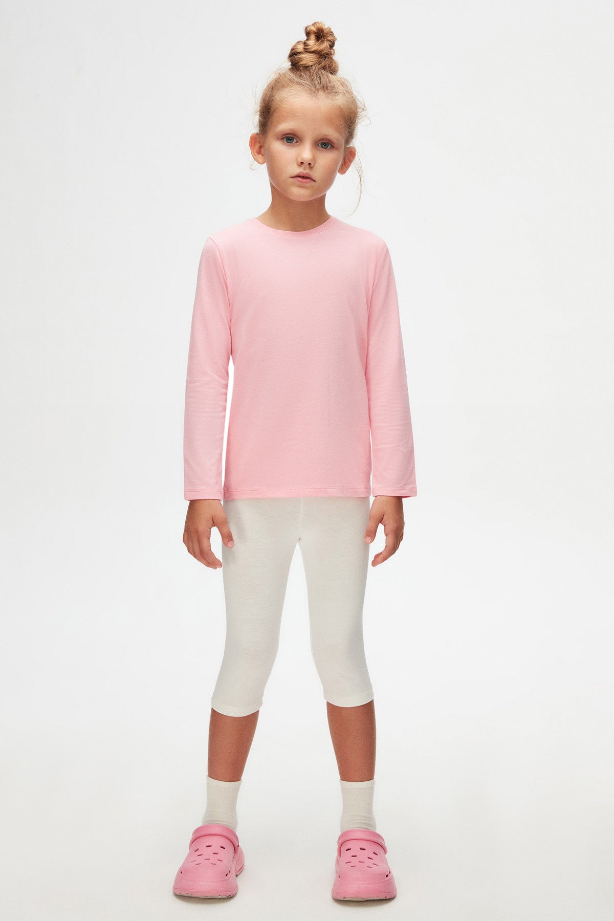 Basic Unisex Kids Seasonal Crew Neck Long Sleeve T-Shirt (PEONY PINK)