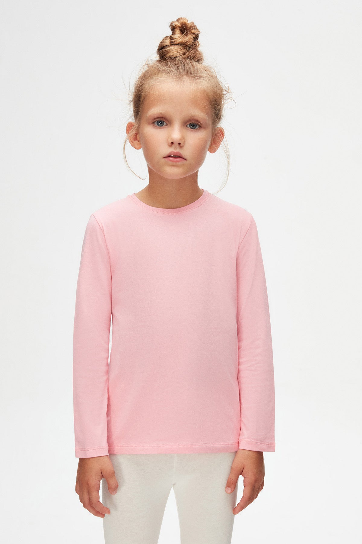 Basic Unisex Kids Seasonal Crew Neck Long Sleeve T-Shirt (PEONY PINK)