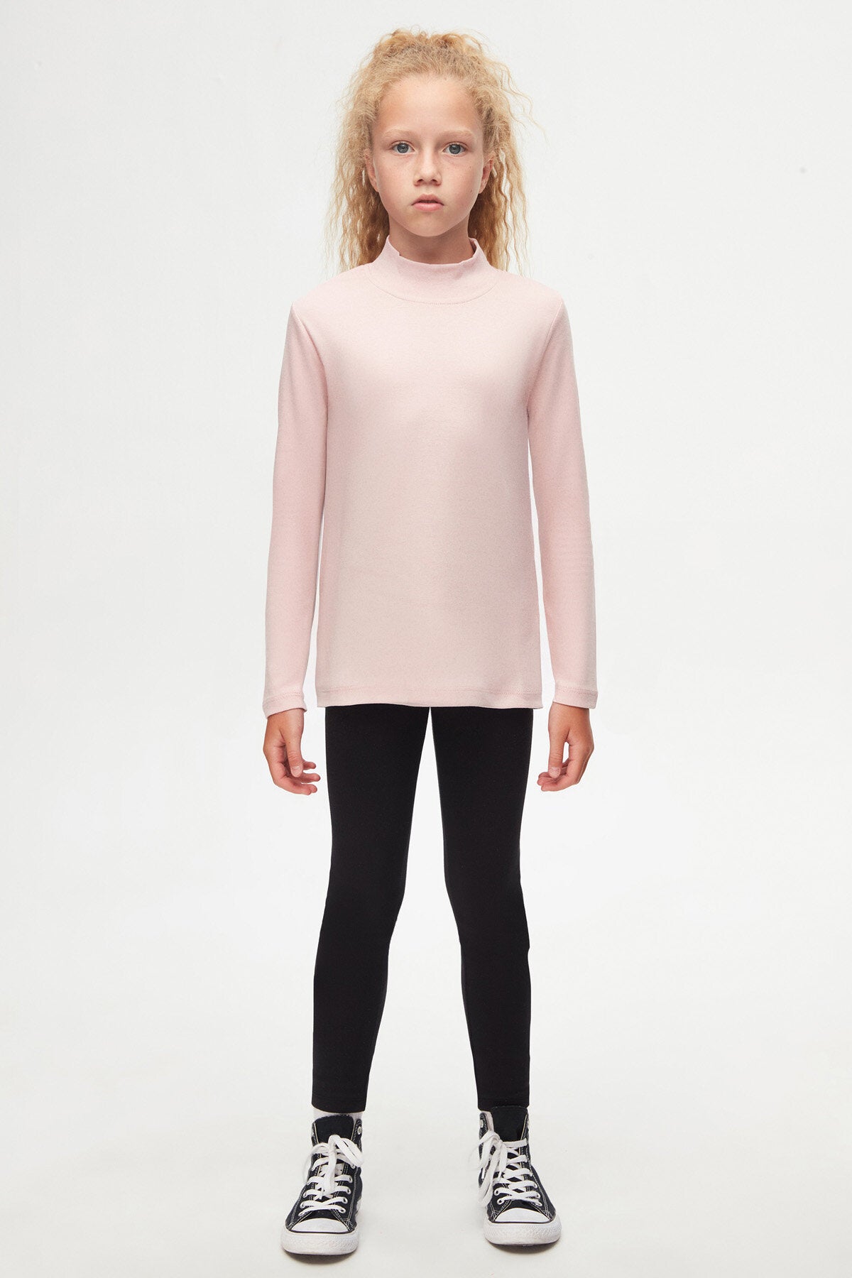 Girls' Basic Winter Mock Neck Long Sleeve T-Shirt (POWDER PINK)