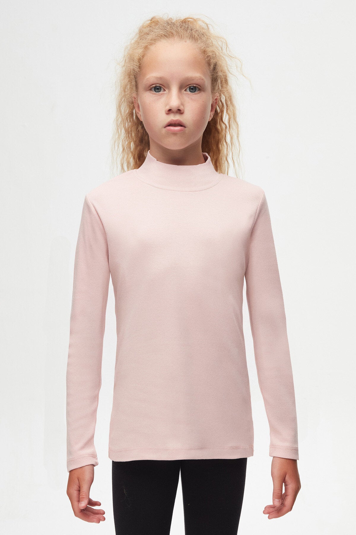 Girls' Basic Winter Mock Neck Long Sleeve T-Shirt (POWDER PINK)