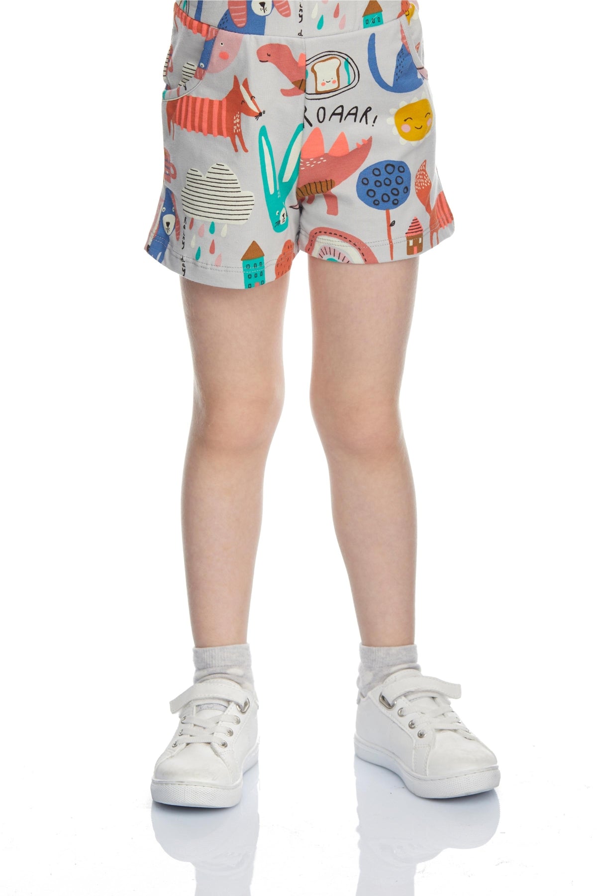 Girls' Roaring Animals Patterned Pocket Shorts