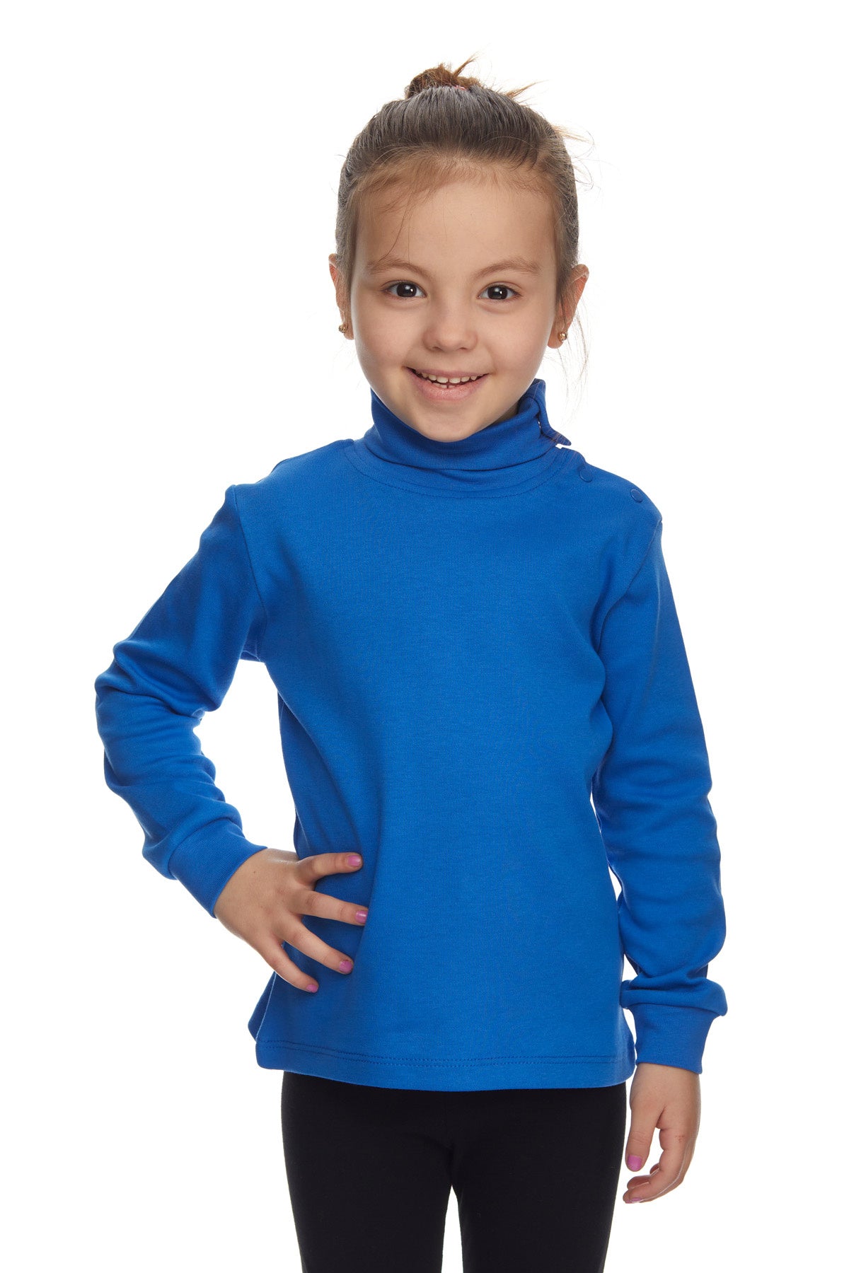 Girls' Basic Snap-Button Full Turtleneck Fleeced Winter Long Sleeve T-Shirt (IMPERIAL BLUE)