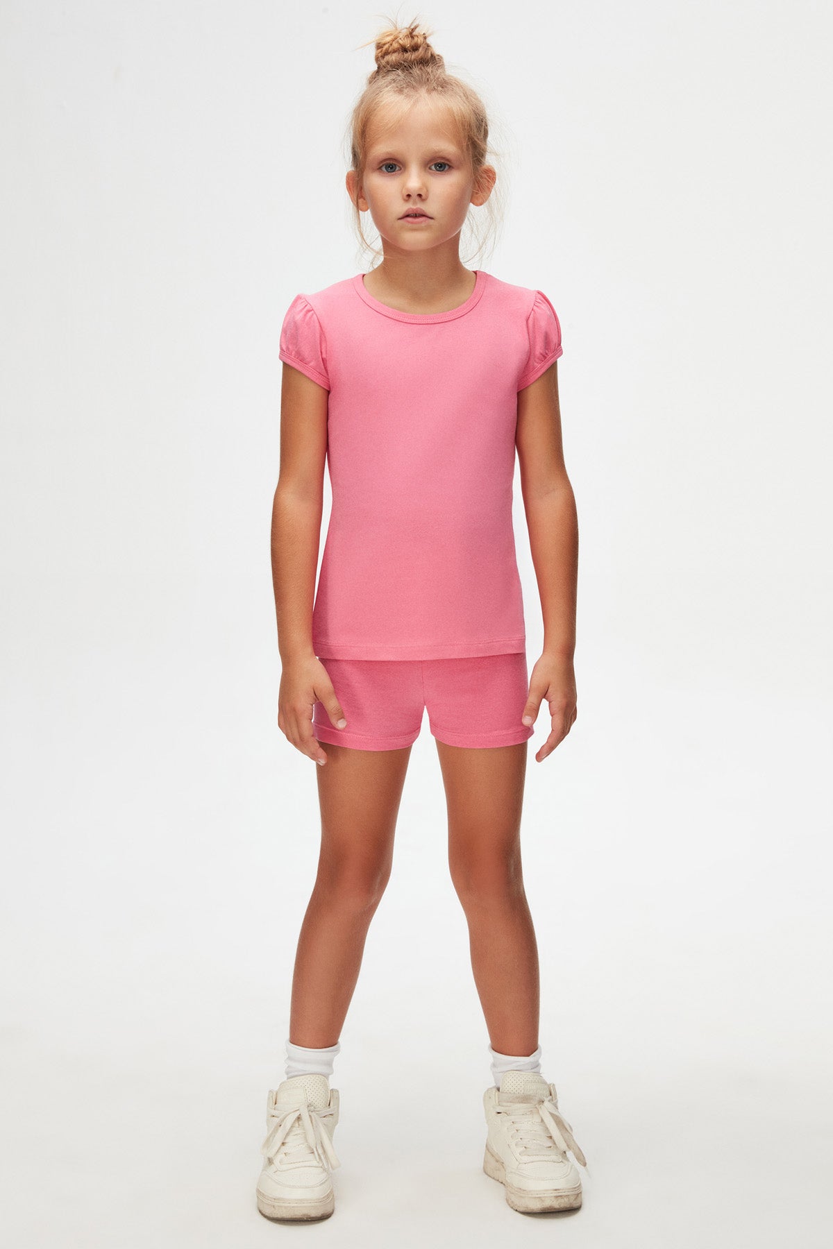 Girls' Basic Crew Neck Puff Sleeve T-Shirt (CANDY PINK)