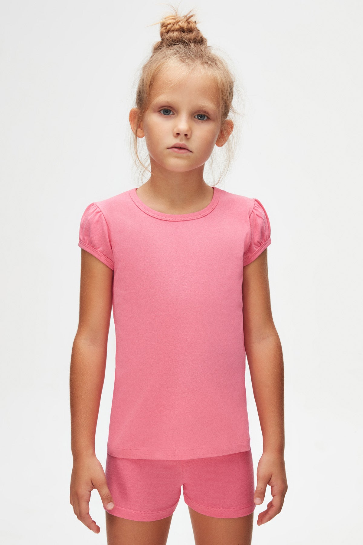 Girls' Basic Crew Neck Puff Sleeve T-Shirt (CANDY PINK)