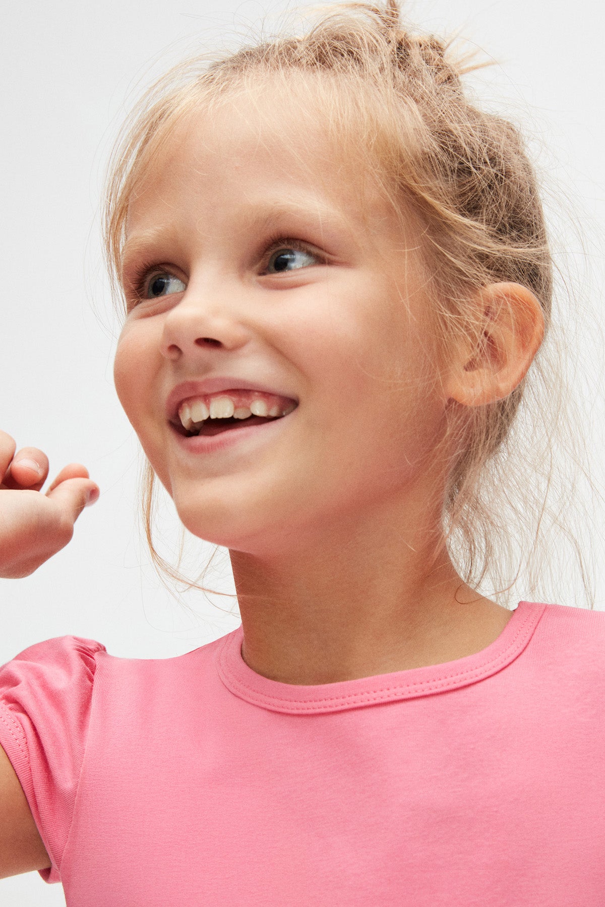 Girls' Basic Crew Neck Puff Sleeve T-Shirt (CANDY PINK)