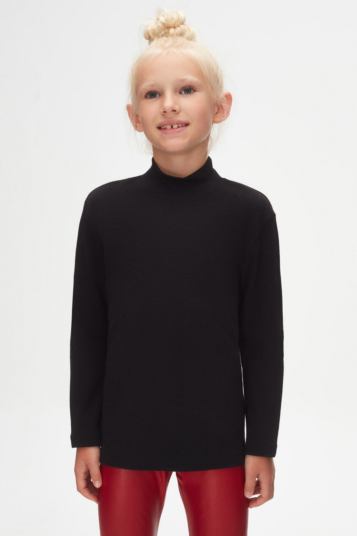 Girls' Basic Winter Mock Neck Long Sleeve T-Shirt (BLACK)