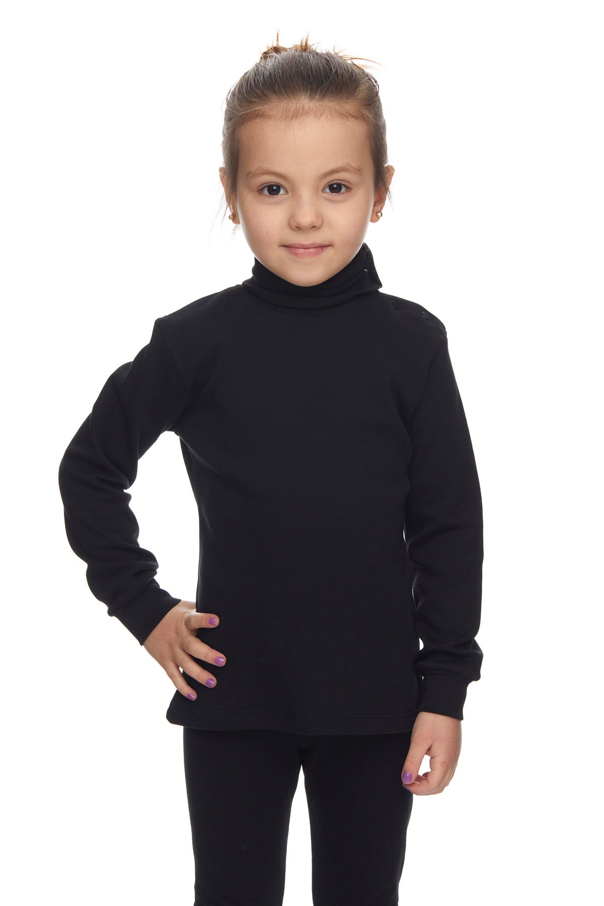 Girls' Basic Snap-Button Full Turtleneck Fleeced Winter Long Sleeve T-Shirt (BLACK)
