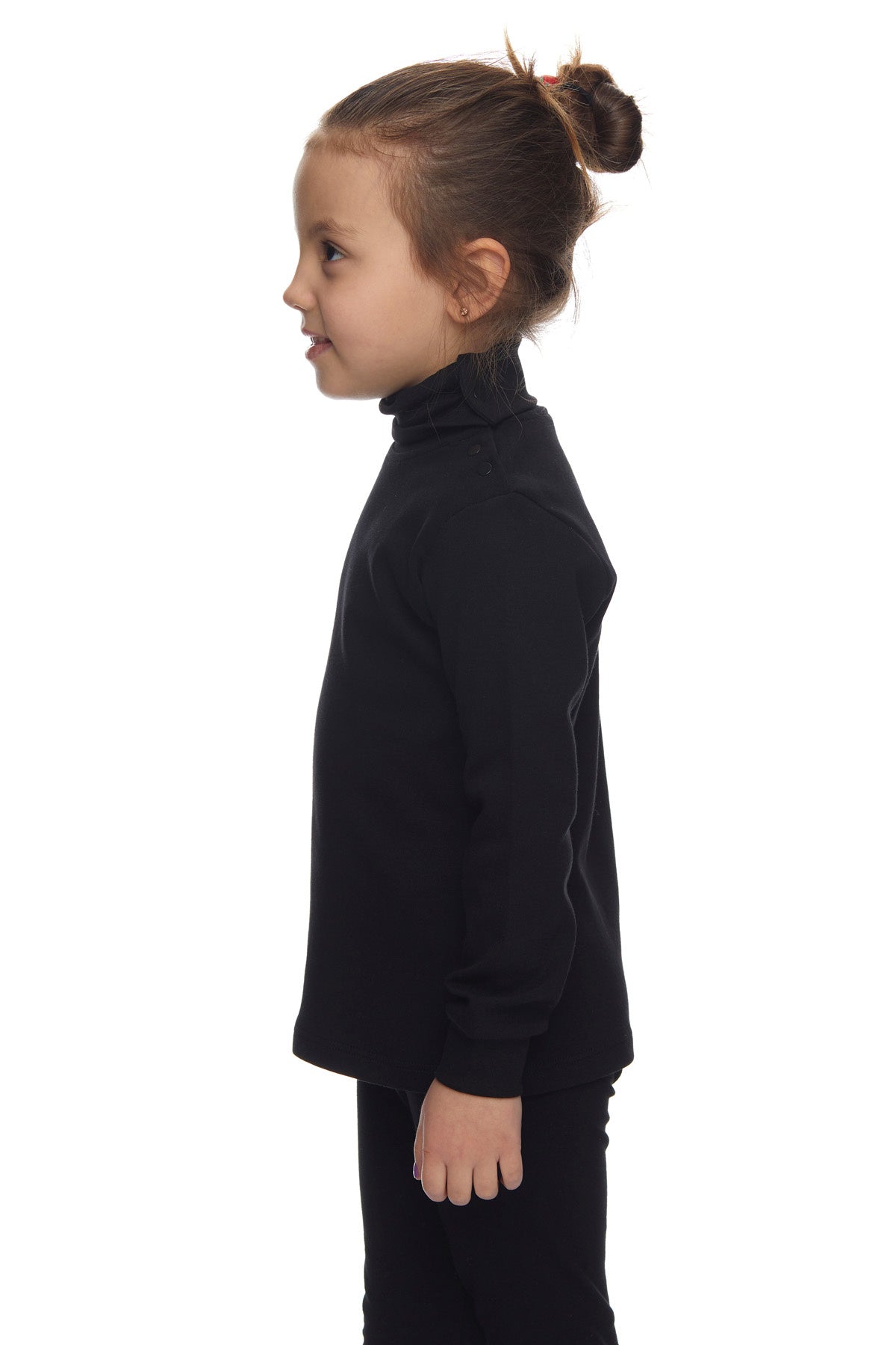 Girls' Basic Snap-Button Full Turtleneck Fleeced Winter Long Sleeve T-Shirt (BLACK)