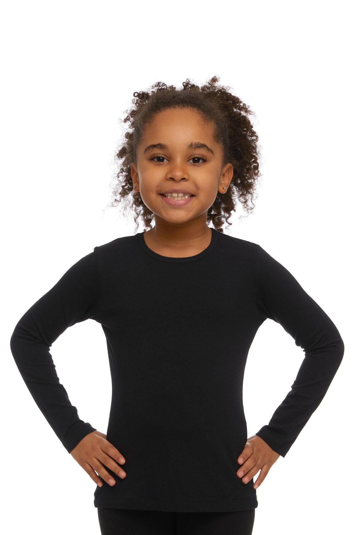 Girls' Basic Seasonal Stretch Long Sleeve T-Shirt (BLACK)
