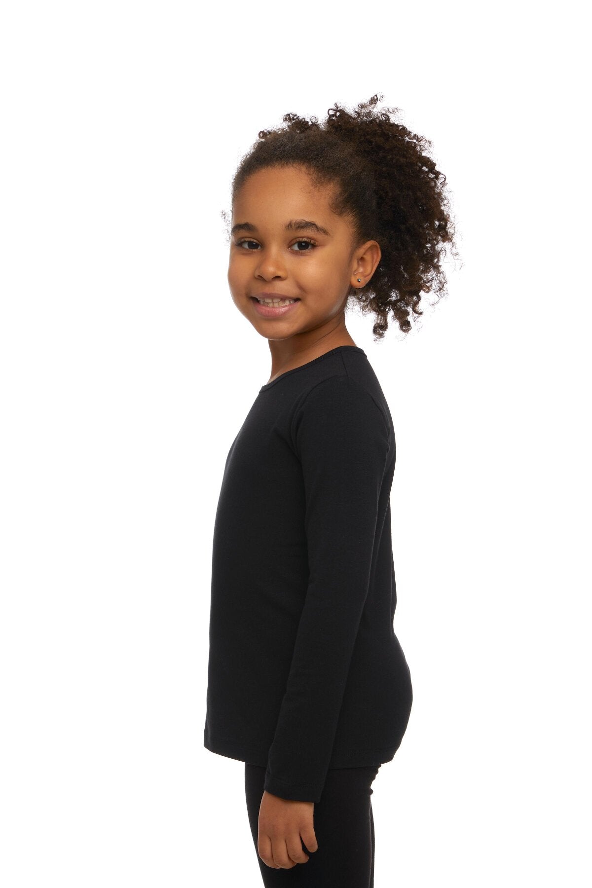 Girls' Basic Seasonal Stretch Long Sleeve T-Shirt (BLACK)