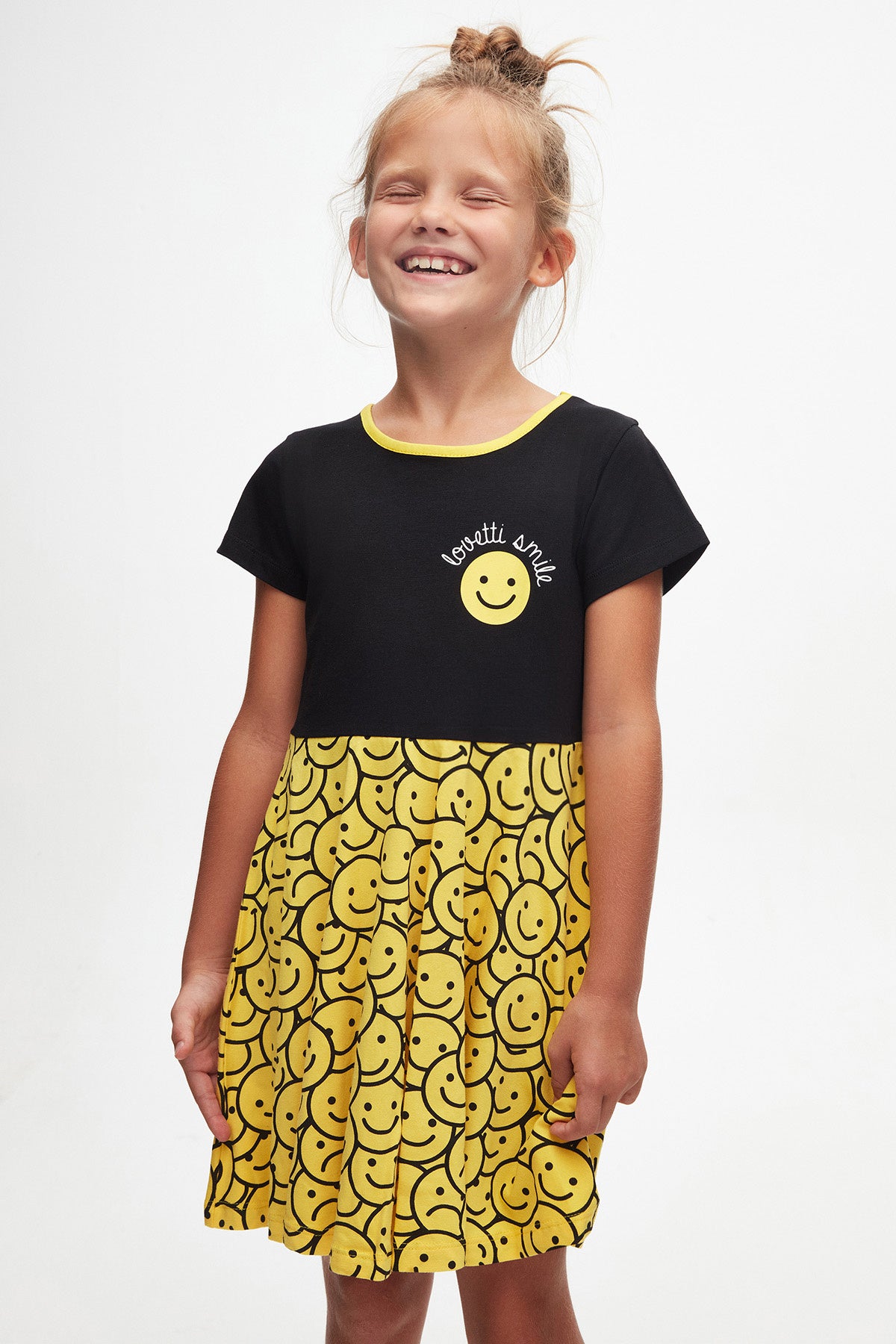 Girls' Smiley Face Patterned Lovetti Smile Printed Short Sleeve Dress (BLACK)