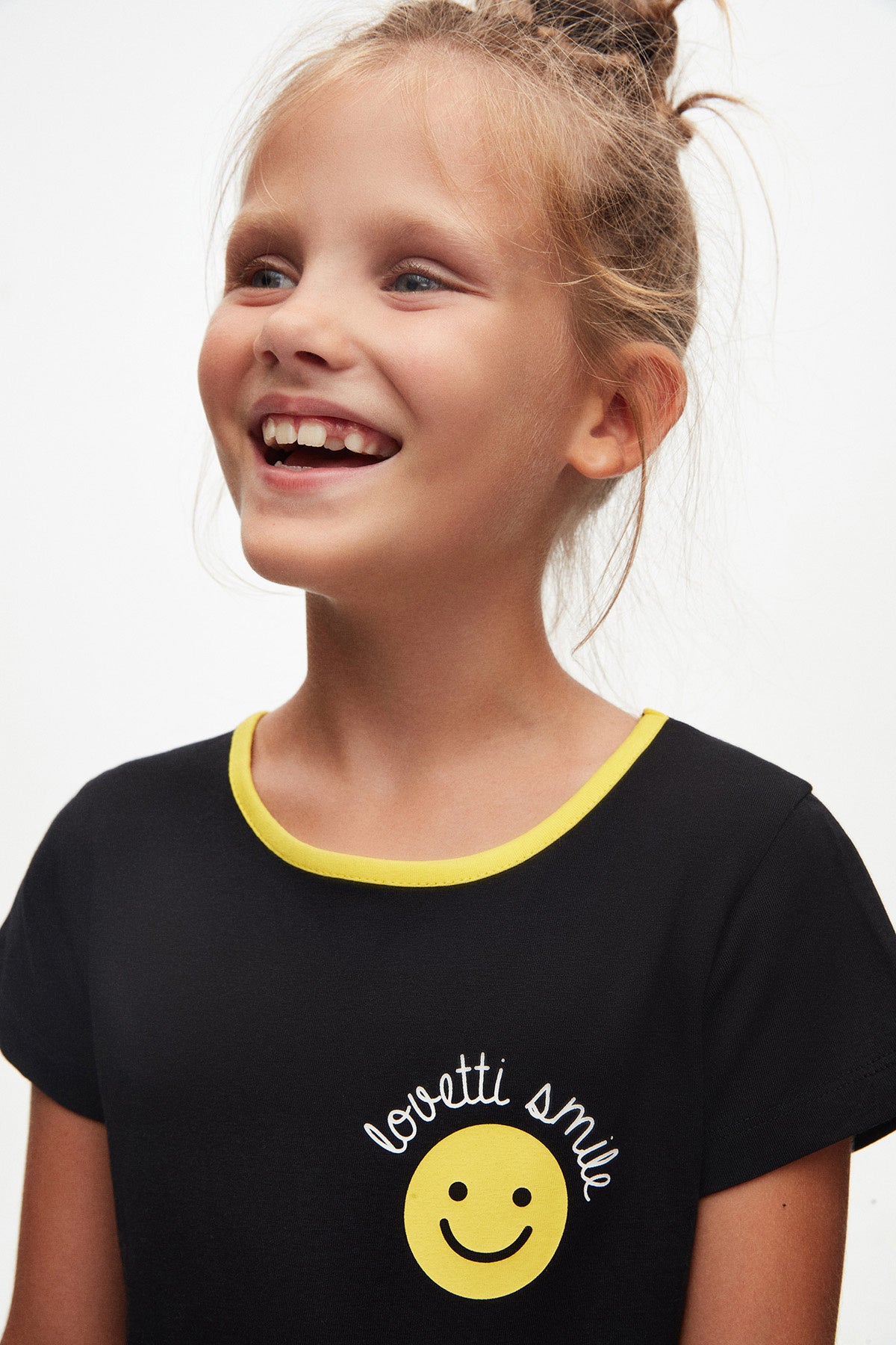 Girls' Smiley Face Patterned Lovetti Smile Printed Short Sleeve Dress (BLACK)
