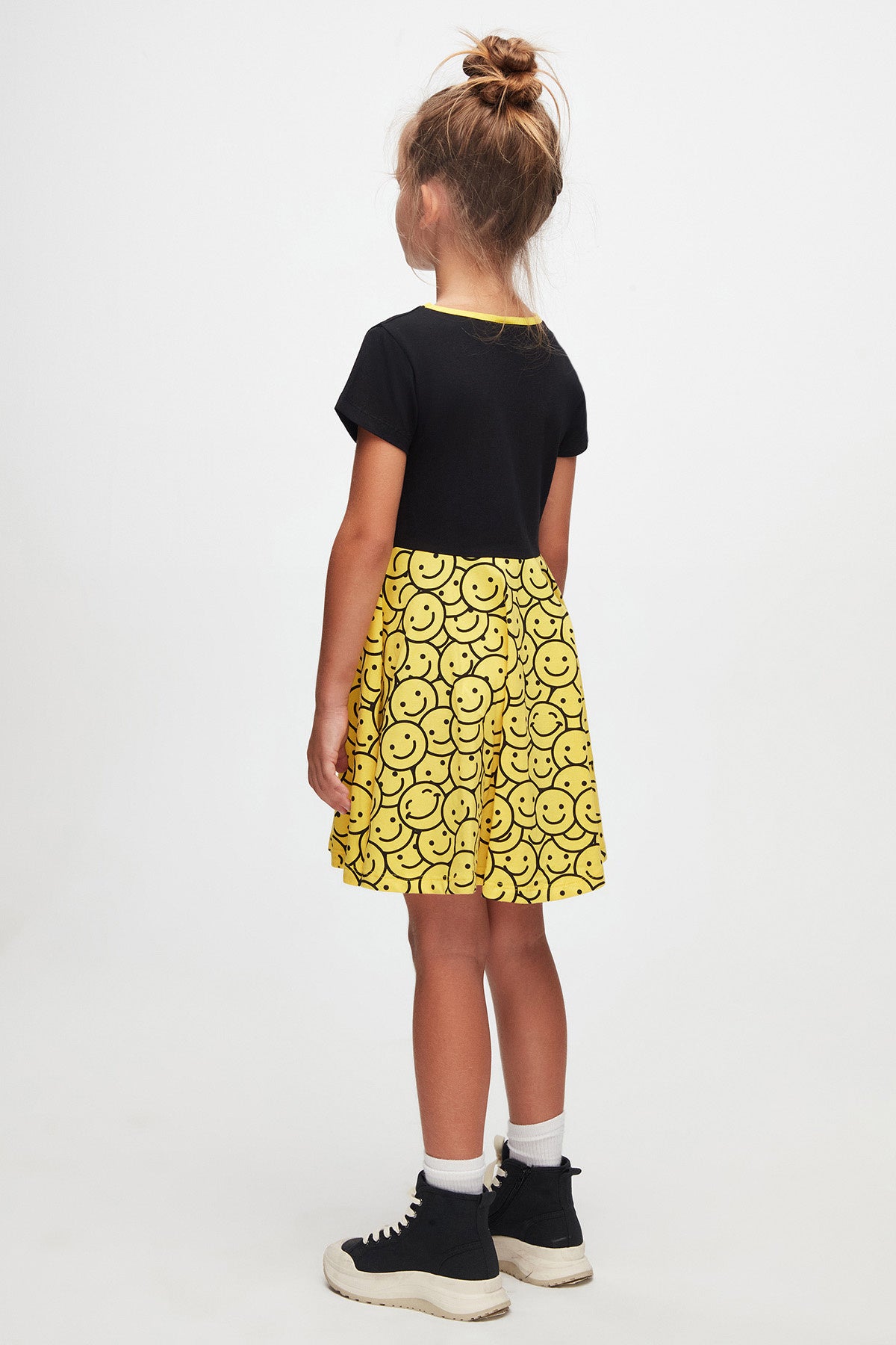 Girls' Smiley Face Patterned Lovetti Smile Printed Short Sleeve Dress_sizechart (BLACK)