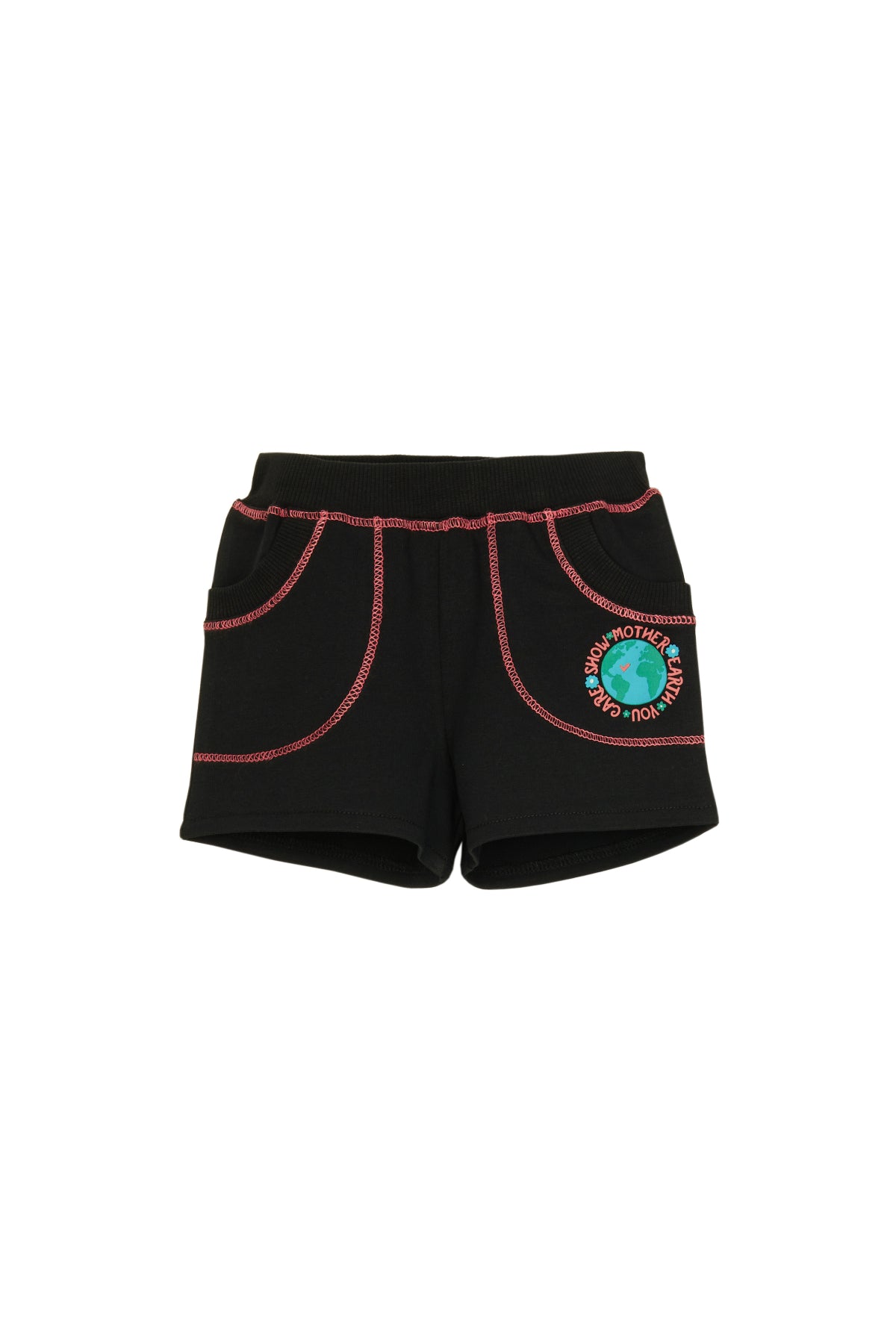 Girls' Two-Thread World Print Shorts with Pockets (BLACK)