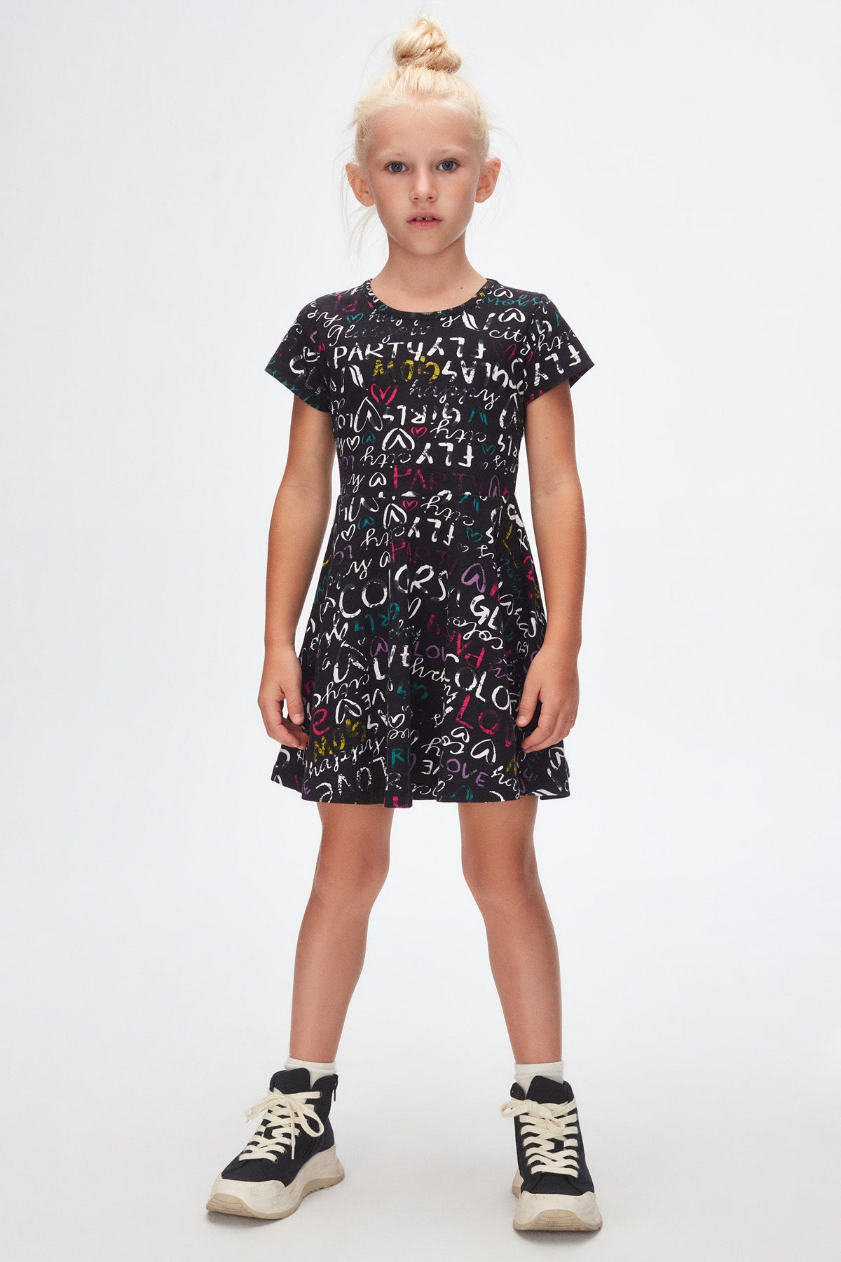 Girls' Glasgow Pattern Short Sleeve Flared Dress (BLACK)