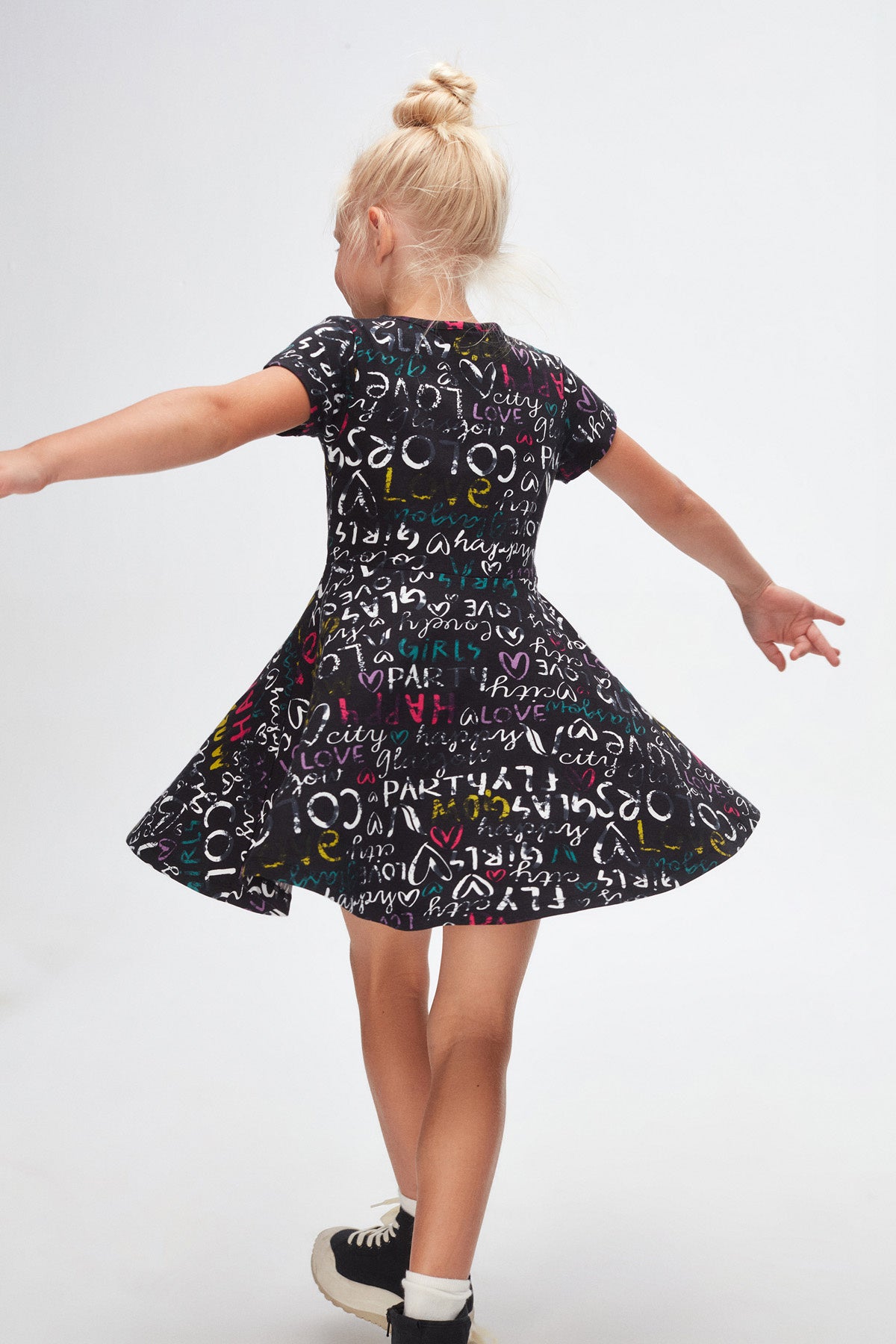 Girls' Glasgow Pattern Short Sleeve Flared Dress (BLACK)