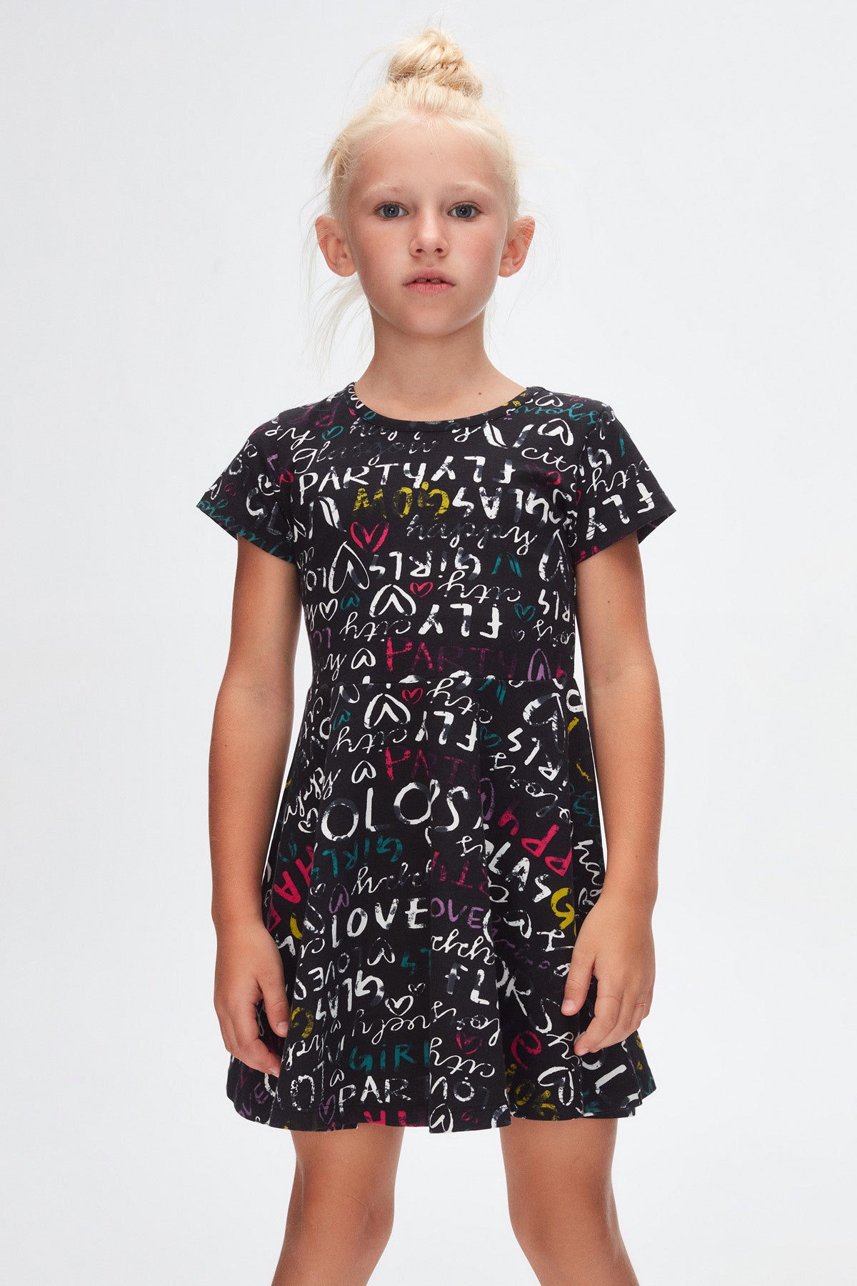 Girls' Glasgow Pattern Short Sleeve Flared Dress (BLACK)