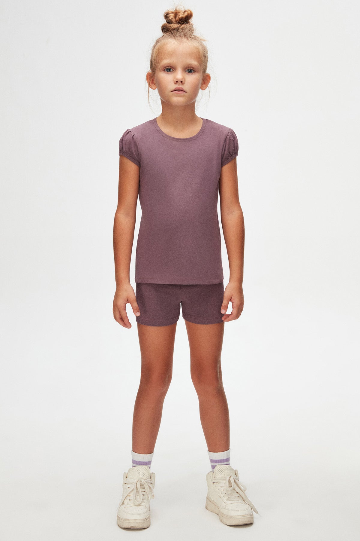 Girls' Basic Crew Neck Puff Sleeve T-Shirt (GRAPEADE)