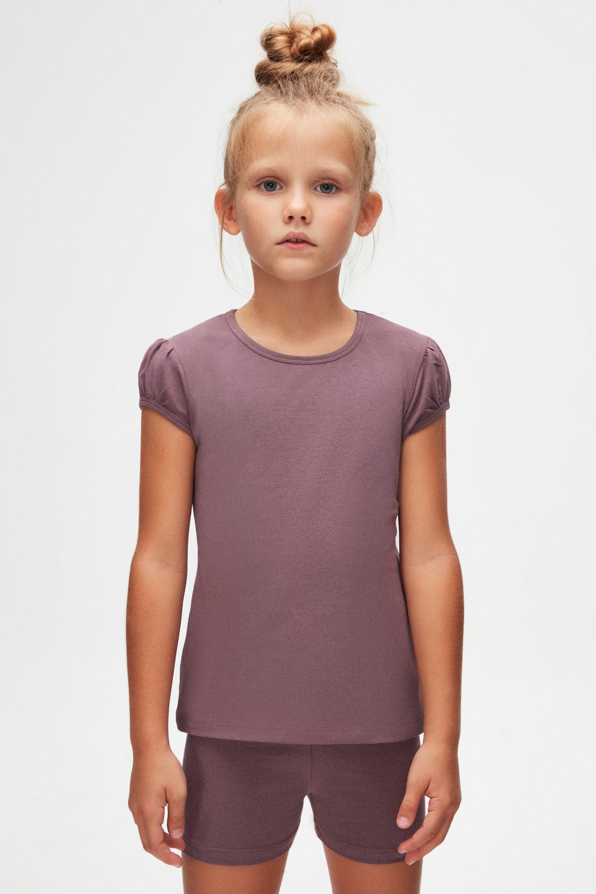 Girls' Basic Crew Neck Puff Sleeve T-Shirt (GRAPEADE)