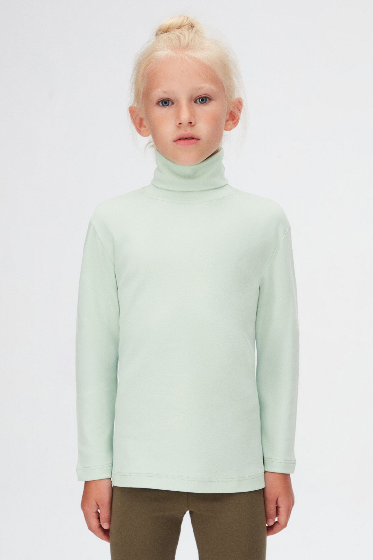 Girls' Basic Winter Full Turtleneck Long Sleeve T-Shirt (SPRAY GREEN)