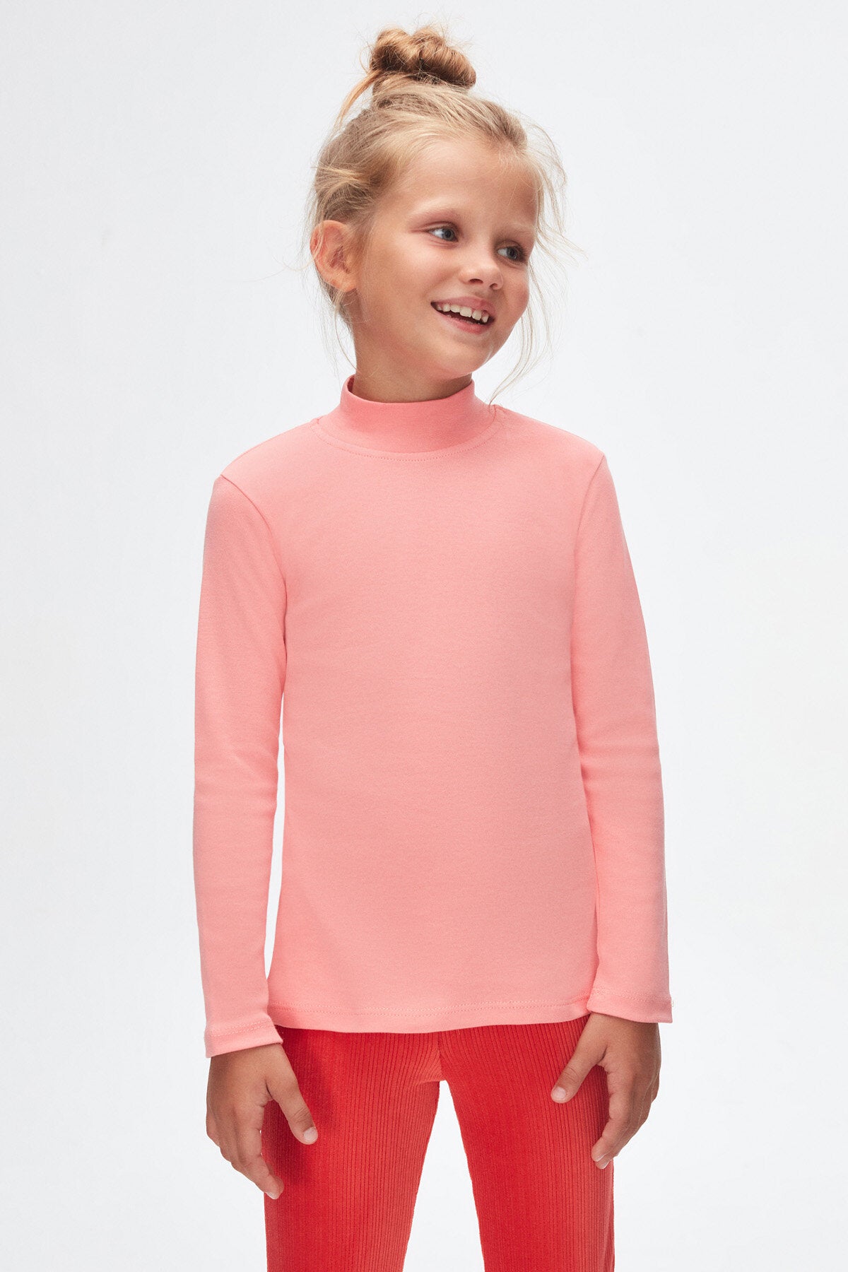 Girls' Basic Winter Mock Neck Long Sleeve T-Shirt (FLAMINGO PINK)
