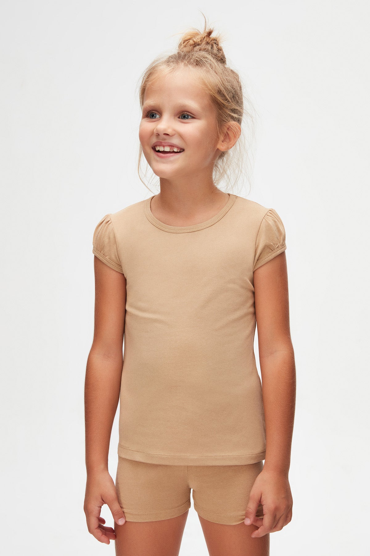 Girls' Basic Crew Neck Puff Sleeve T-Shirt (FRAPPE)