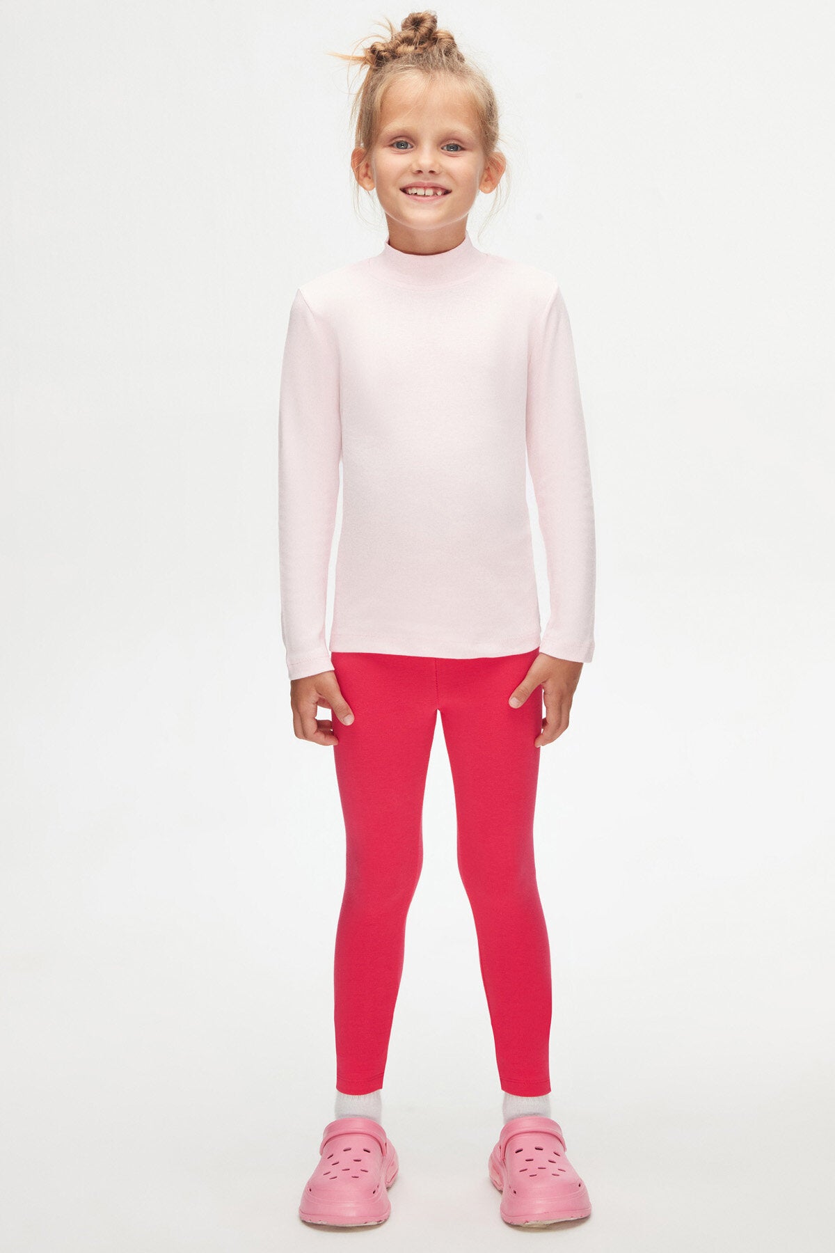 Girls' Basic Winter Mock Neck Long Sleeve T-Shirt (BRIGHT PINK)