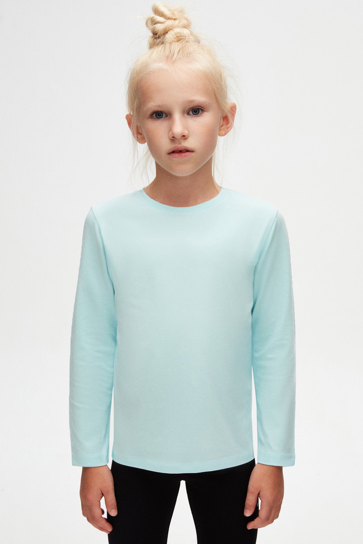 Basic Unisex Kids Seasonal Crew Neck Long Sleeve T-Shirt (BRIGHT TURQUOISE)