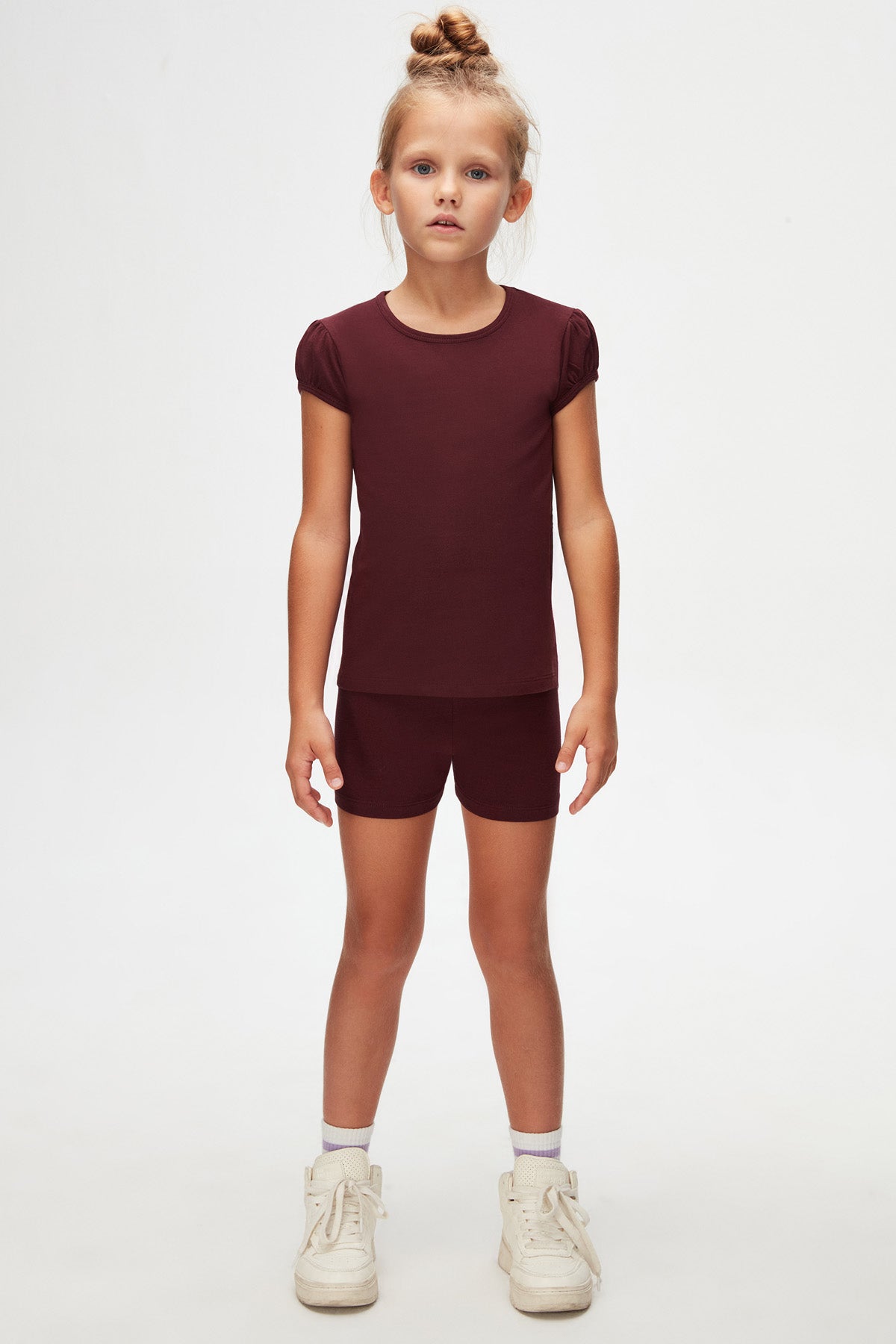 Girls' Basic Crew Neck Puff Sleeve T-Shirt (CORDOVAN)