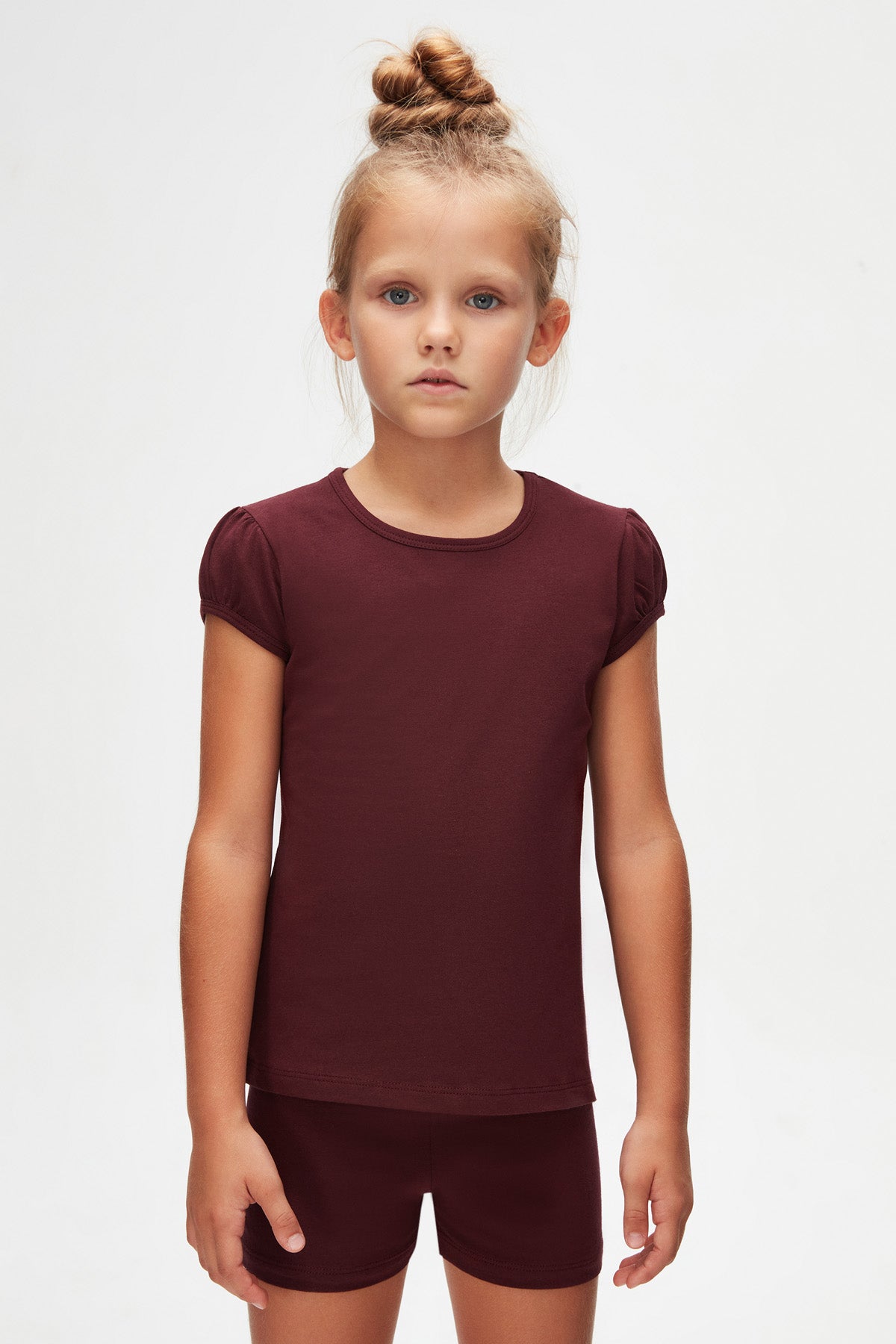 Girls' Basic Crew Neck Puff Sleeve T-Shirt (CORDOVAN)