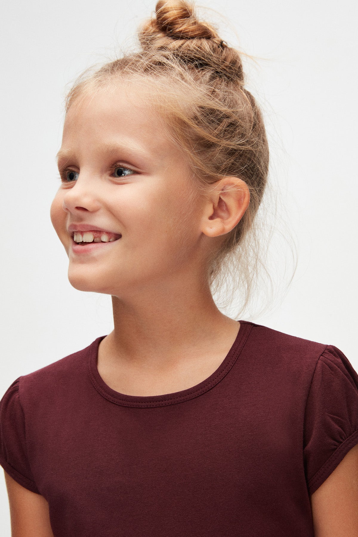 Girls' Basic Crew Neck Puff Sleeve T-Shirt (CORDOVAN)