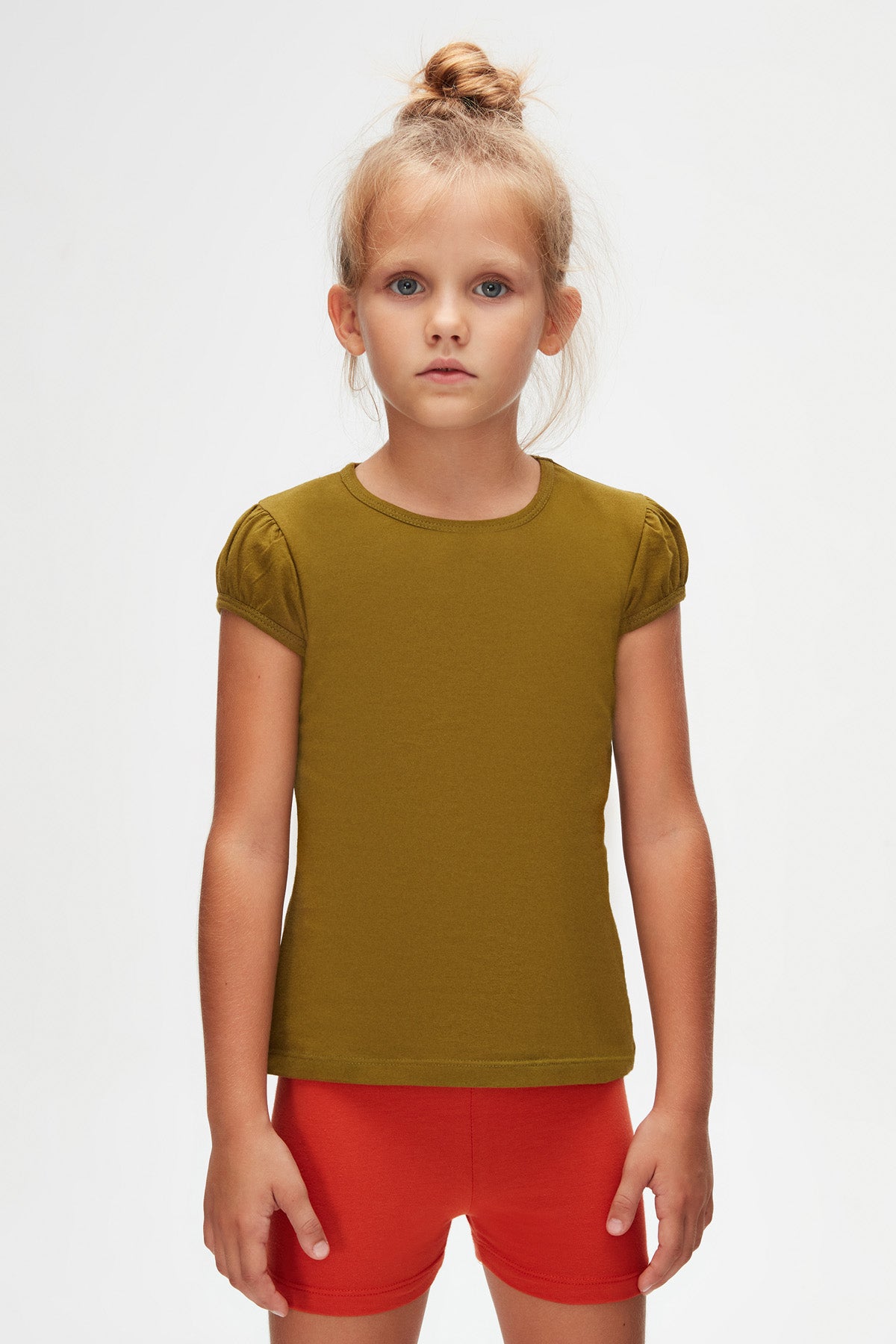 Girls' Basic Crew Neck Puff Sleeve T-Shirt (NUTRIA)